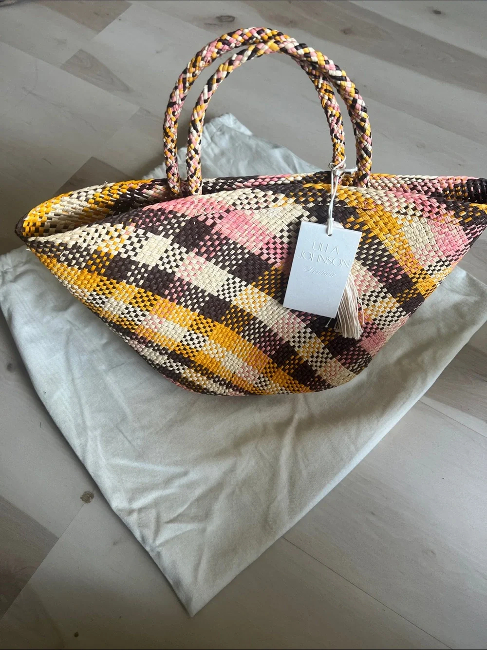 Ulla Johnson Pink, Yellow and Brown Woven Straw Tote